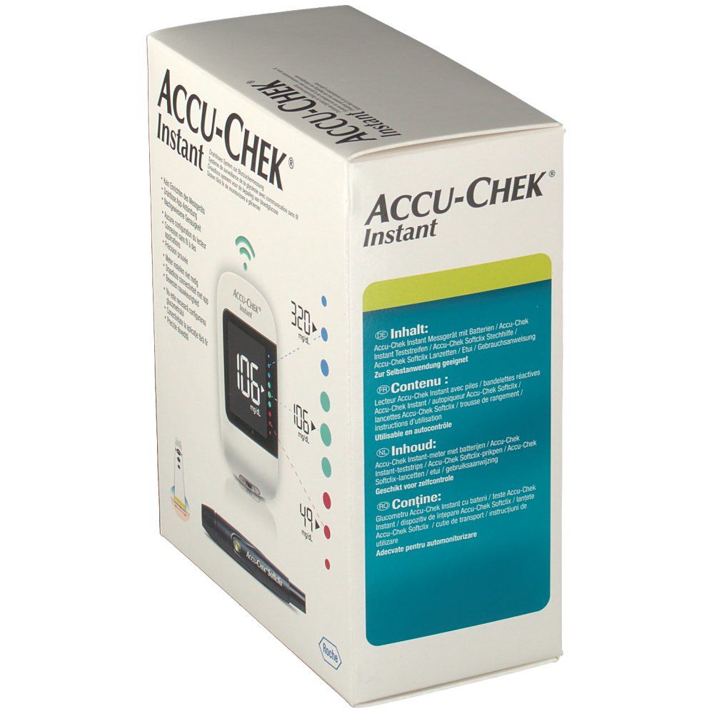 Verpakking van de Accu-Chek Instant kit. Inhoudsopgave in verschillende talen op de zijkant.