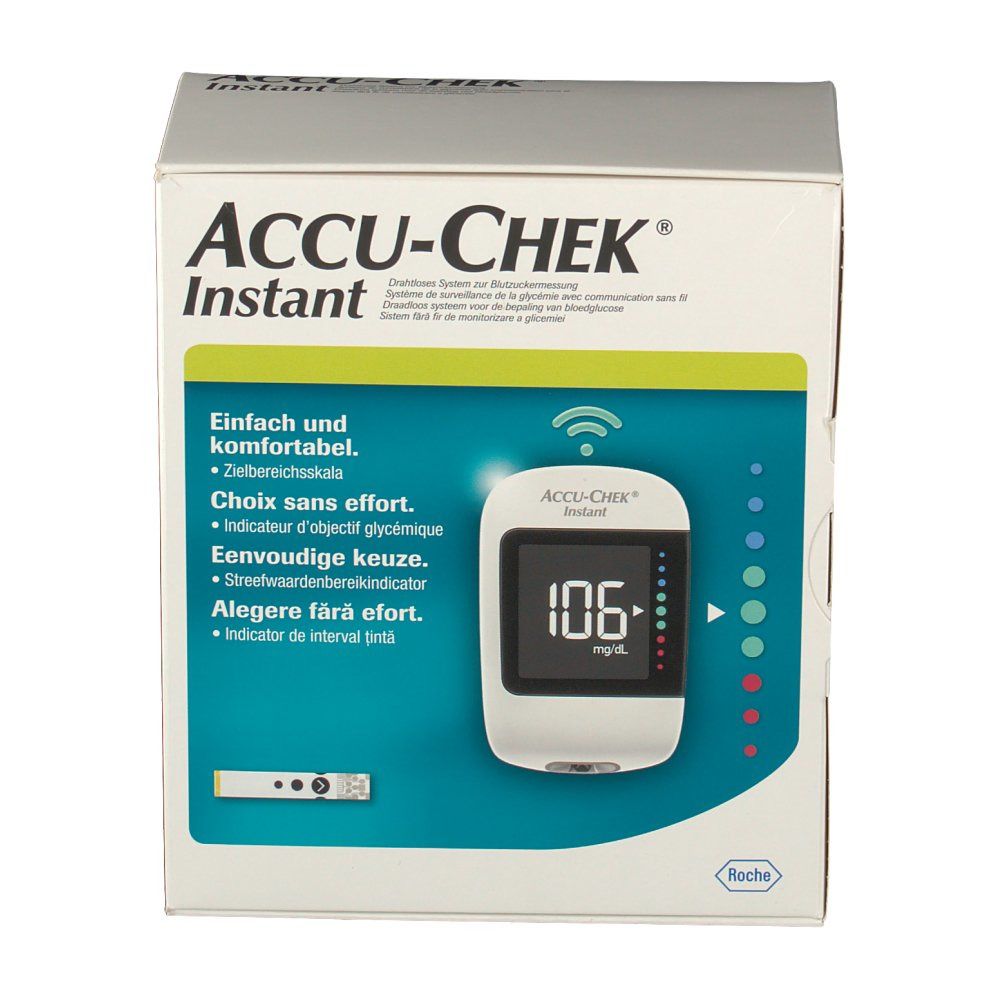 Verpakking van de Accu-Chek Instant kit. Op de voorkant een bloedglucosemeter met display.