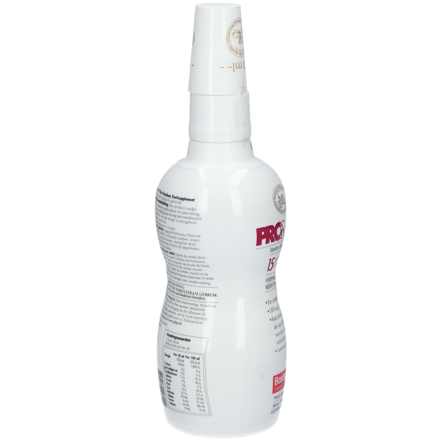 Bouteille blanche PROSource Plus. Dos avec informations nutritionnelles et texte. Bouchon.