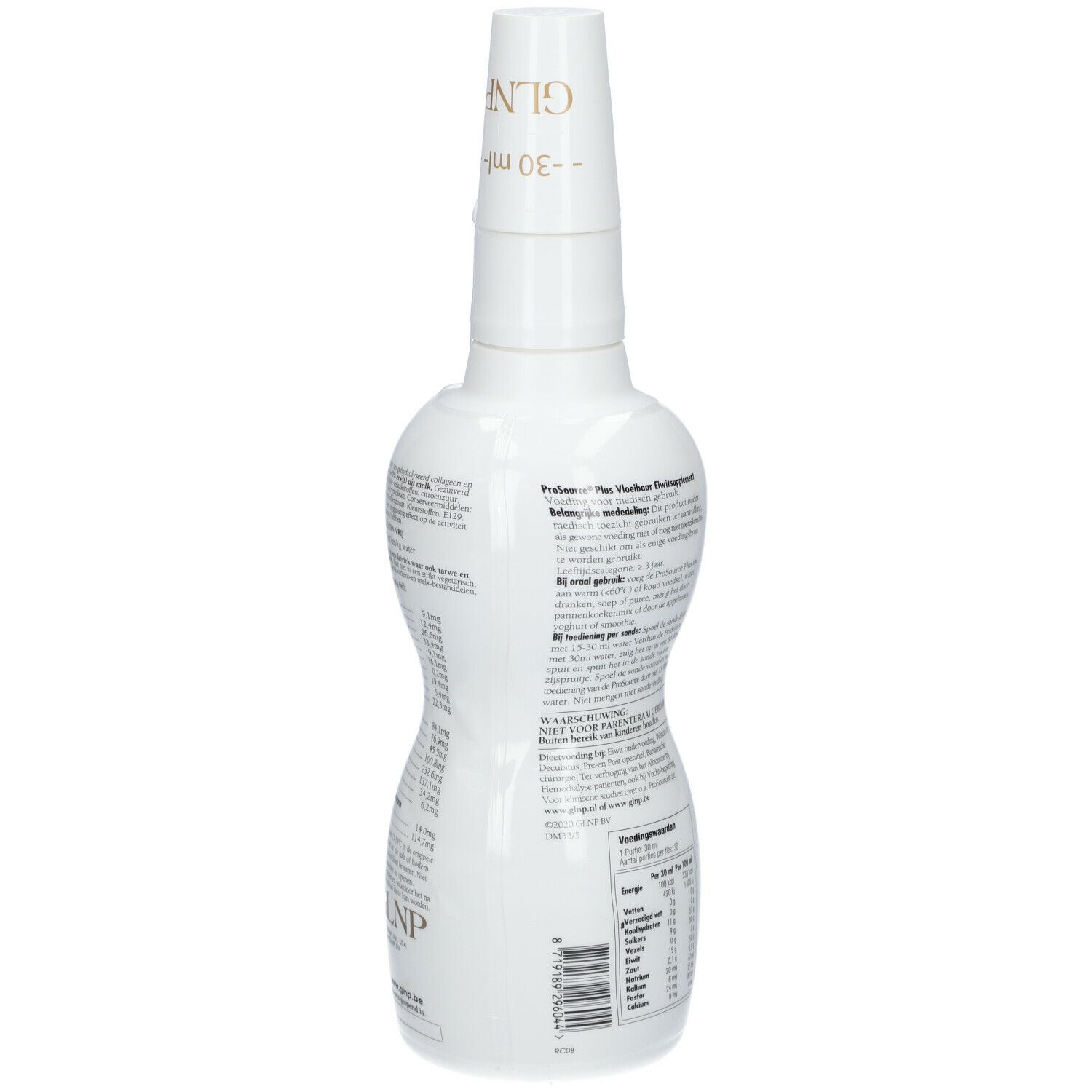 Bouteille blanche PROSource Plus. Dos avec informations nutritionnelles et texte. Bouchon doseur.