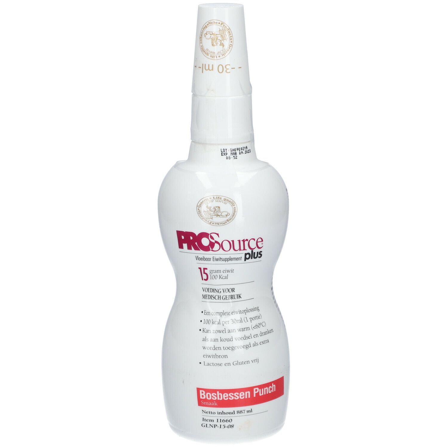 Bouteille blanche PROSource Plus. Texte: Bosbessen Punch. Bouchon doseur. Logo et informations nutritionnelles.