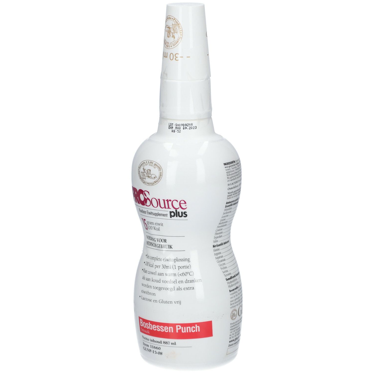 Bouteille blanche PROSource Plus. Texte: Bosbessen Punch. Bouchon doseur. Logo et informations nutritionnelles.