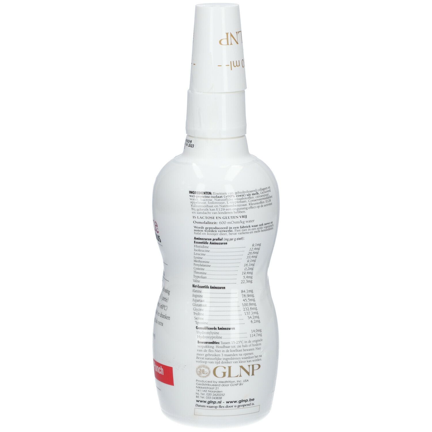 Bouteille blanche PROSource Plus. Dos avec informations nutritionnelles et texte. Bouchon doseur.