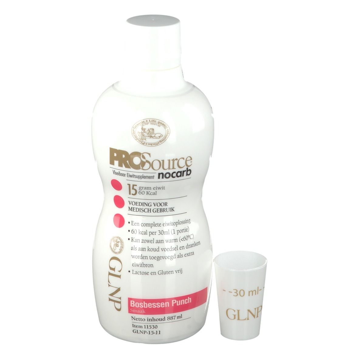 Bouteille blanche avec informations produit et gobelet doseur. Inscription : PROSource, nocarb, 15 g protéines, Bosbessen Punch.