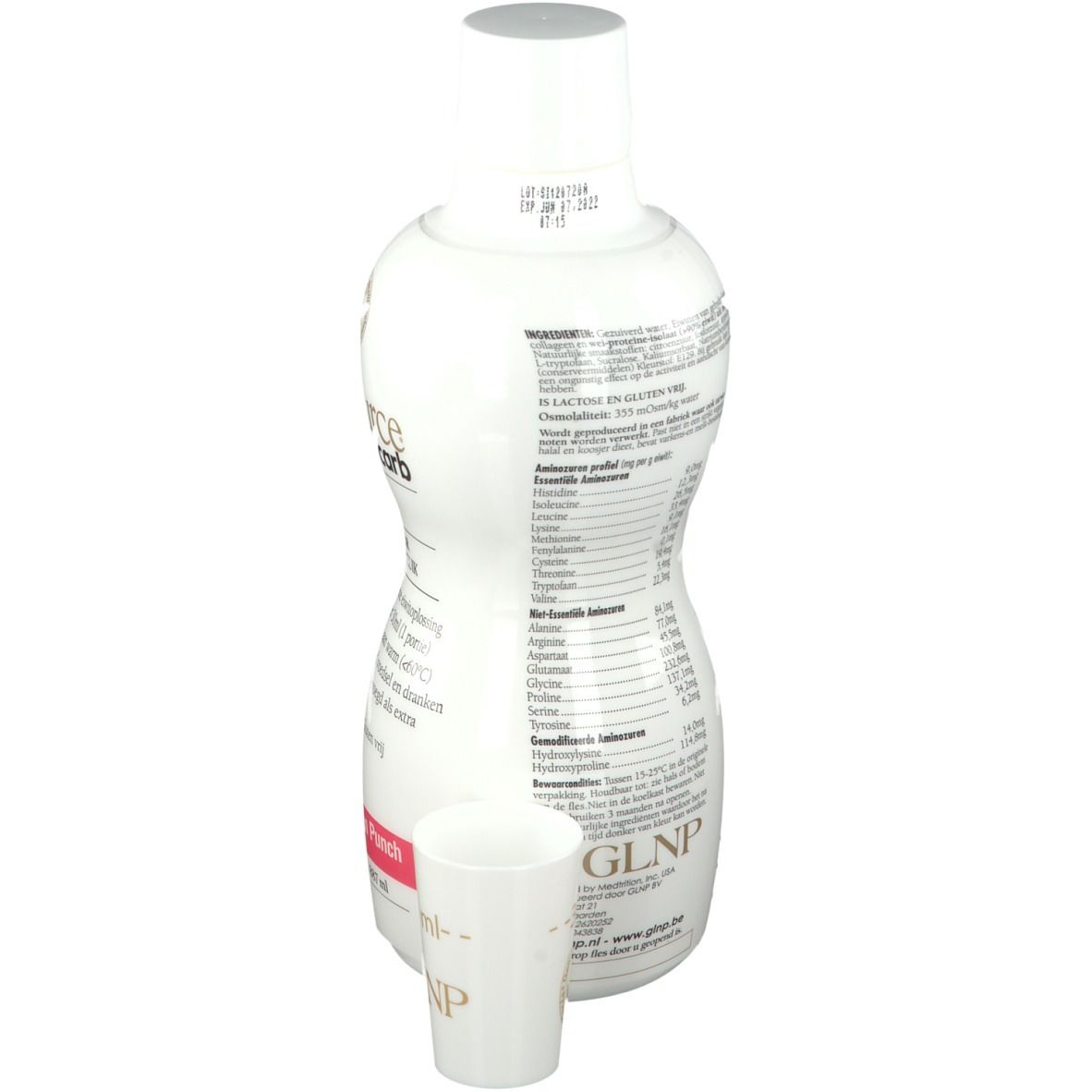 Dos d'une bouteille blanche avec informations produit. Petit gobelet doseur à côté. Inscription : GLNP.