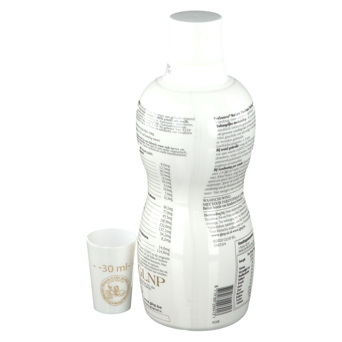 Vue arrière d'une bouteille blanche avec informations produit et un gobelet doseur. Inscription : GLNP.