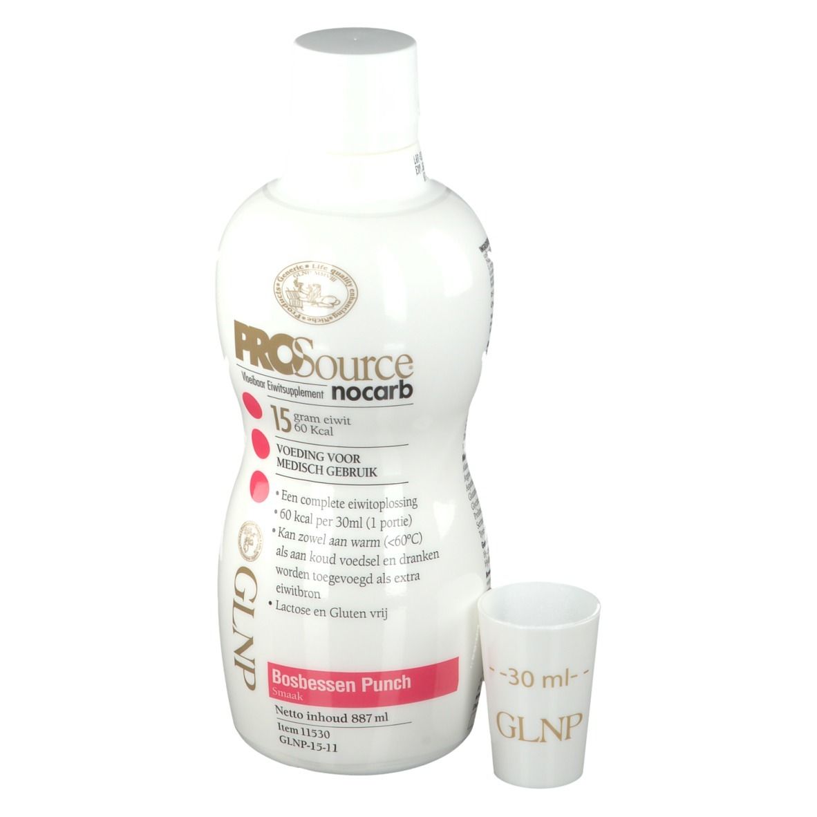 Bouteille blanche avec informations produit et gobelet doseur. Inscription : PROSource, nocarb, 15 g protéines, Bosbessen Punch.