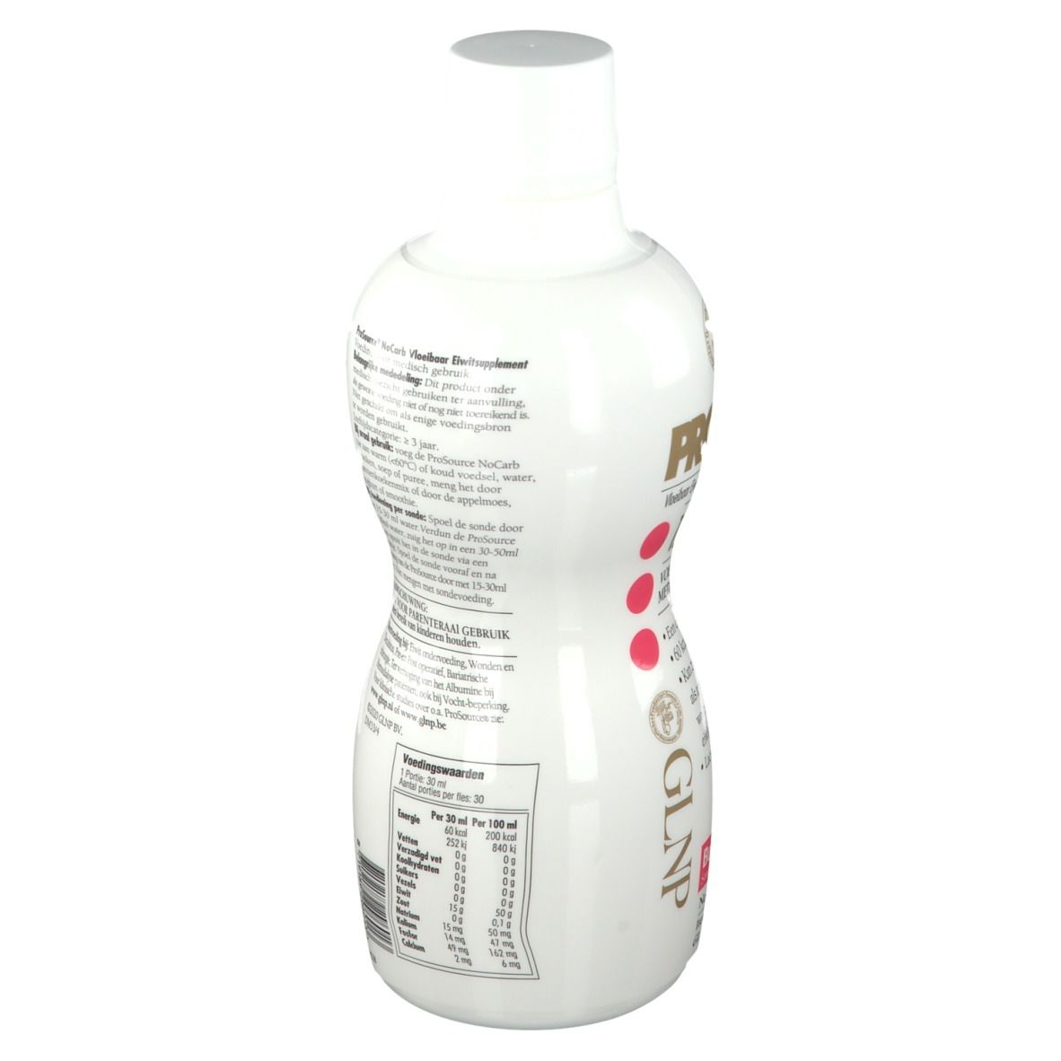 Dos d'une bouteille blanche avec informations produit. Points rouges sur la bouteille. Inscription : GLNP.