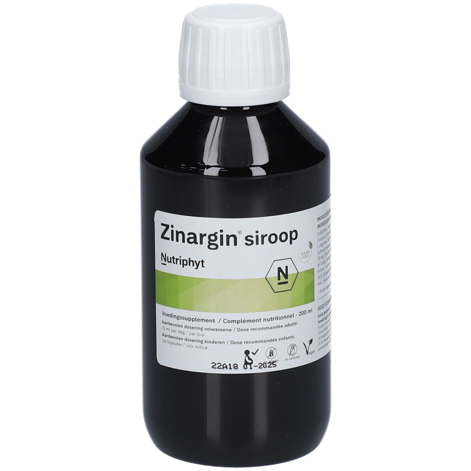 Bruine fles met witte dop. Opschrift: Zinargin siroop, Nutriphyt. Groen-wit etiket.