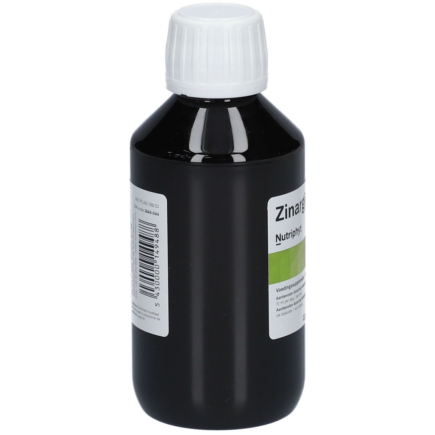 Bruine fles met witte dop. Achterkant met etiket. Tekst: Zinargin siroop, Nutriphyt.