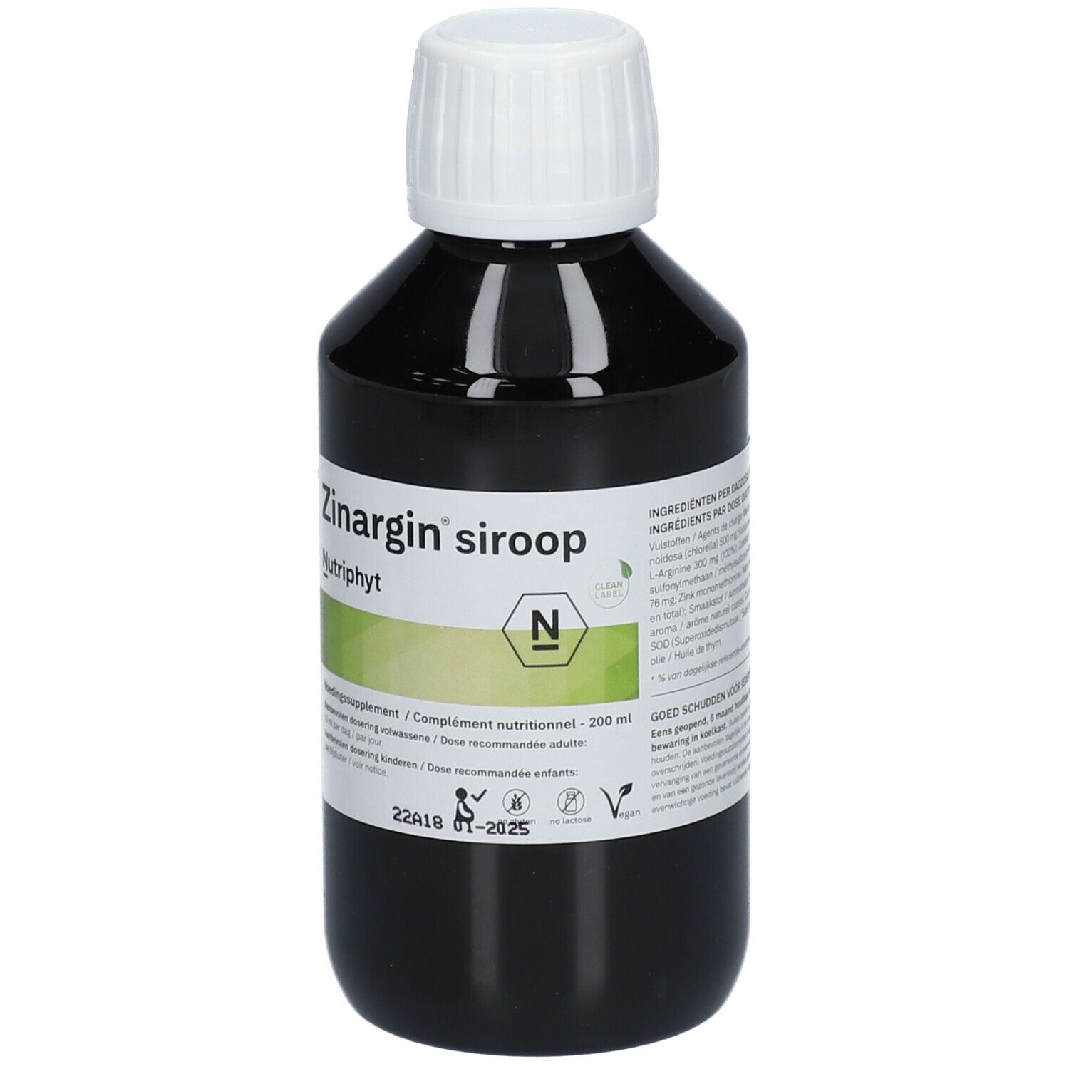 Bruine fles met witte dop. Opschrift: Zinargin siroop, Nutriphyt. Etiket met tekst.