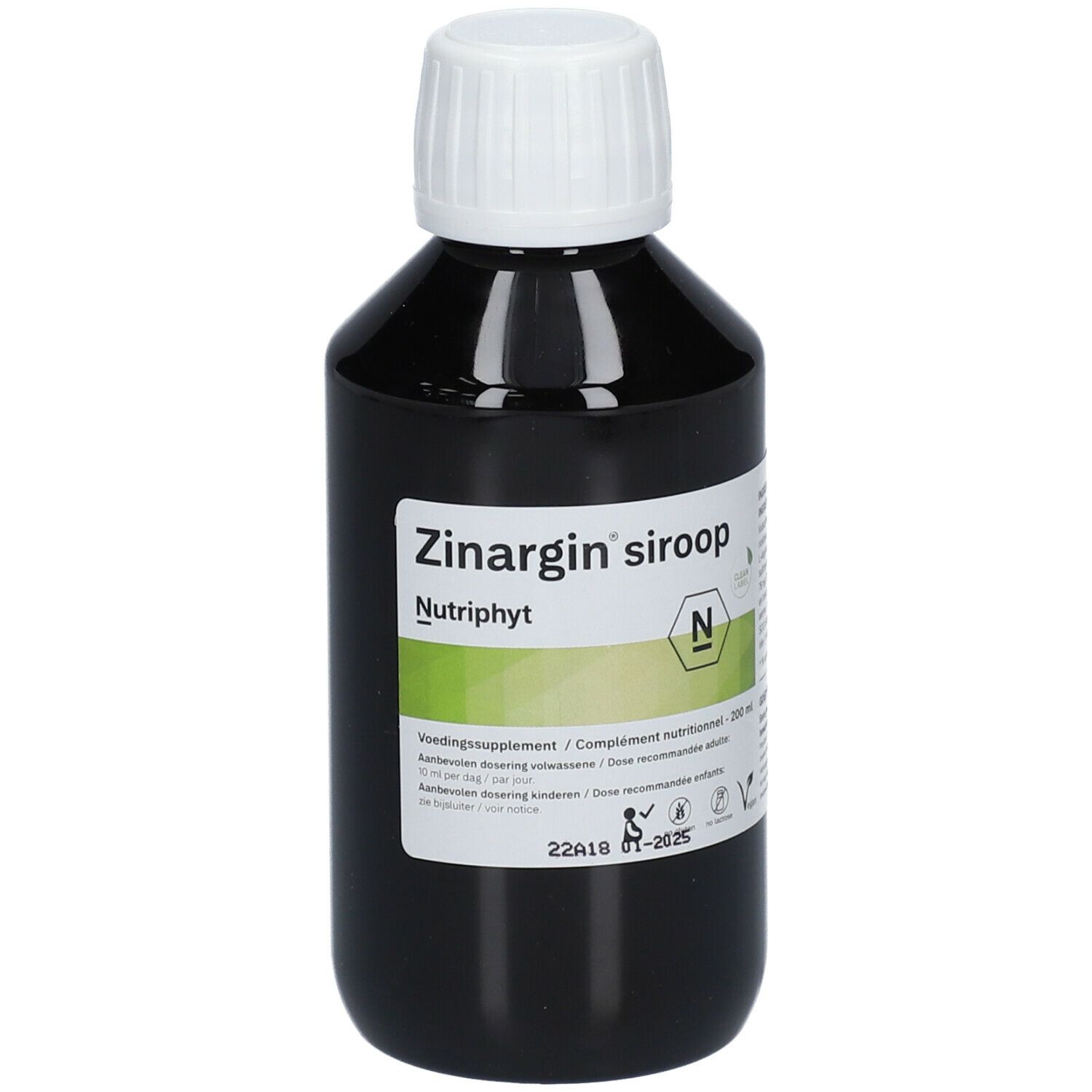 Bruine fles met witte dop. Opschrift: Zinargin siroop, Nutriphyt. Etiket.