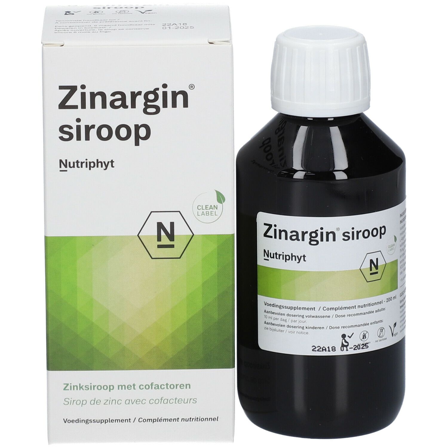 Productverpakking: fles en doos. Opschrift: Zinargin siroop, Nutriphyt. Doos met tekst.