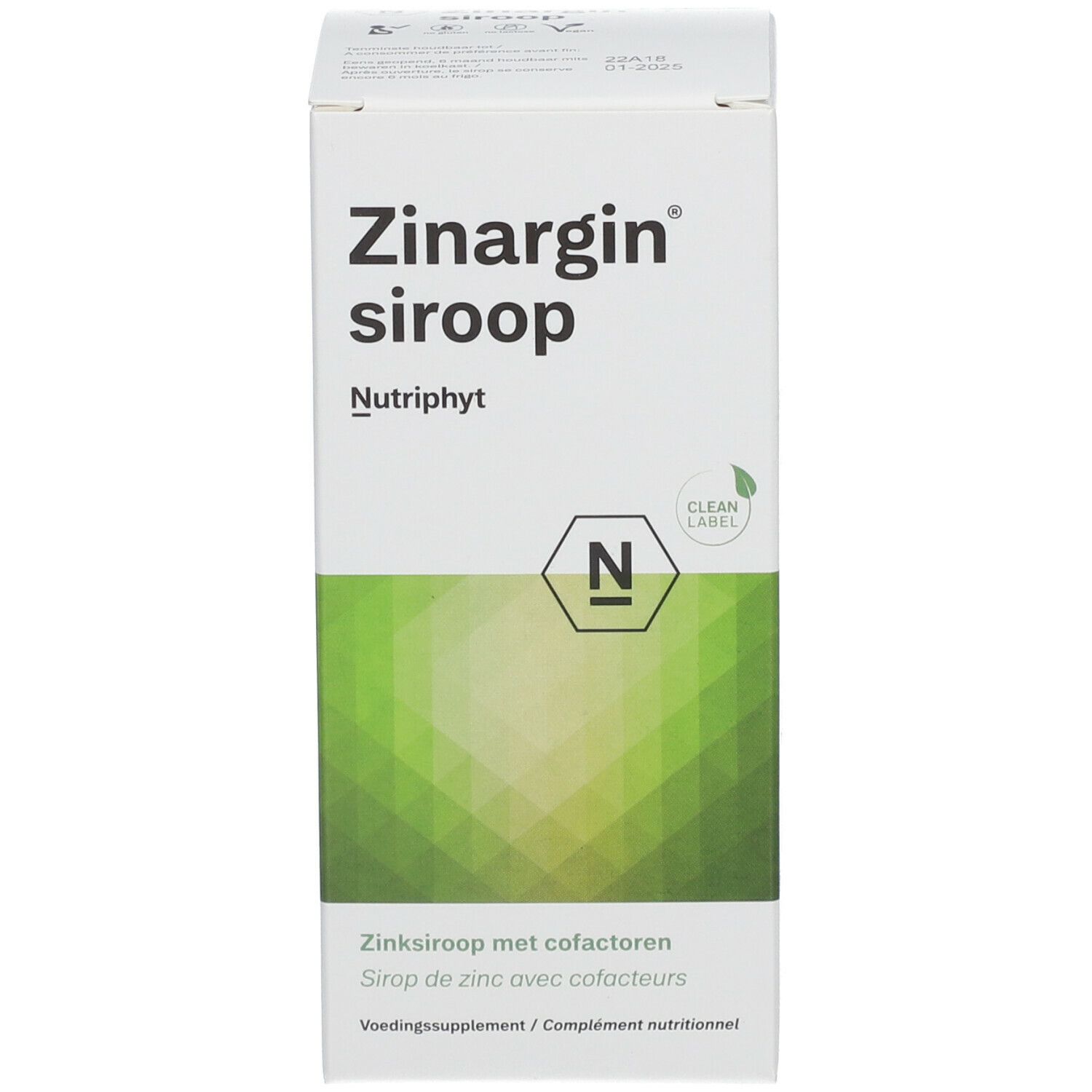 Witte doos met groen patroon. Opschrift: Zinargin siroop, Nutriphyt. Tekst: Zinksiroop met cofactoren.