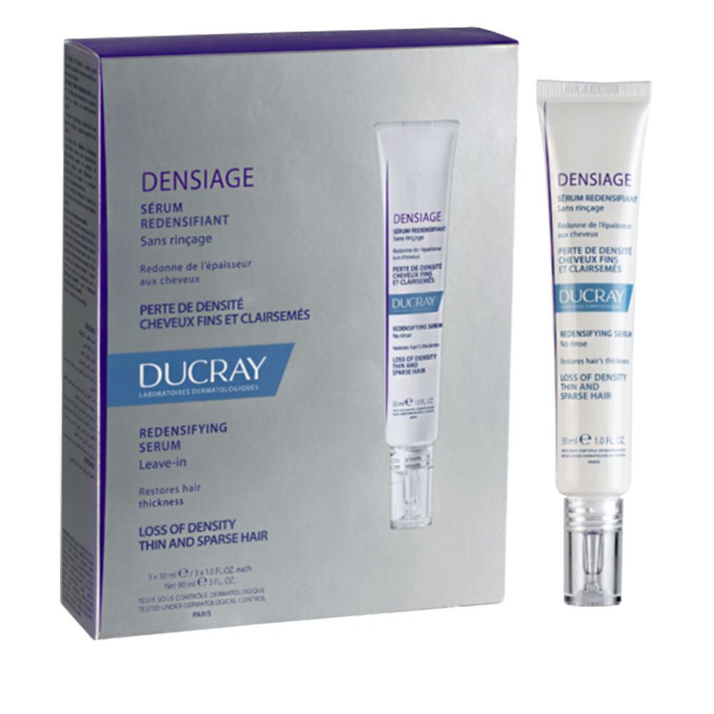 Pack de deux. DUCRAY DENSIAGE Sérum et emballage. Inscription: Sérum Redensifiant, perte de densité, DUCRAY.