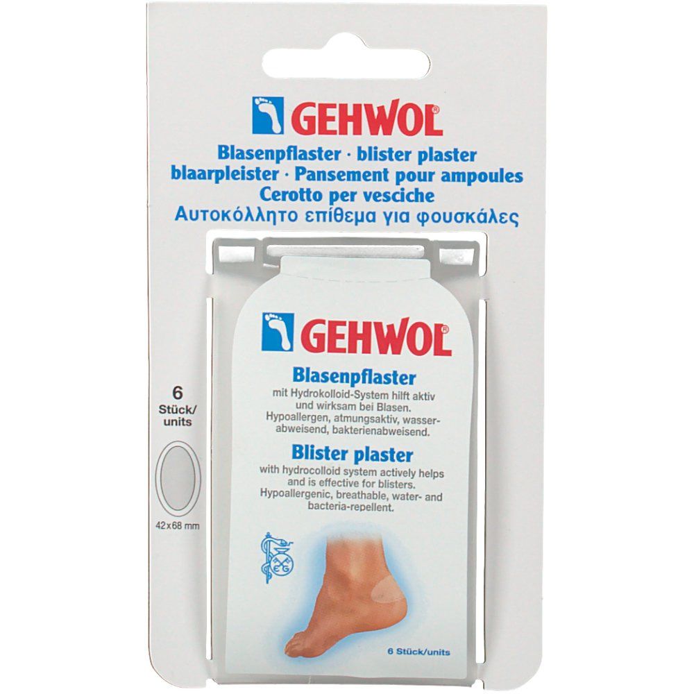 Emballage de pansements anti-ampoules Gehwol. Six unités, forme ovale, 42x68mm. Système hydrocolloïde. Blister.