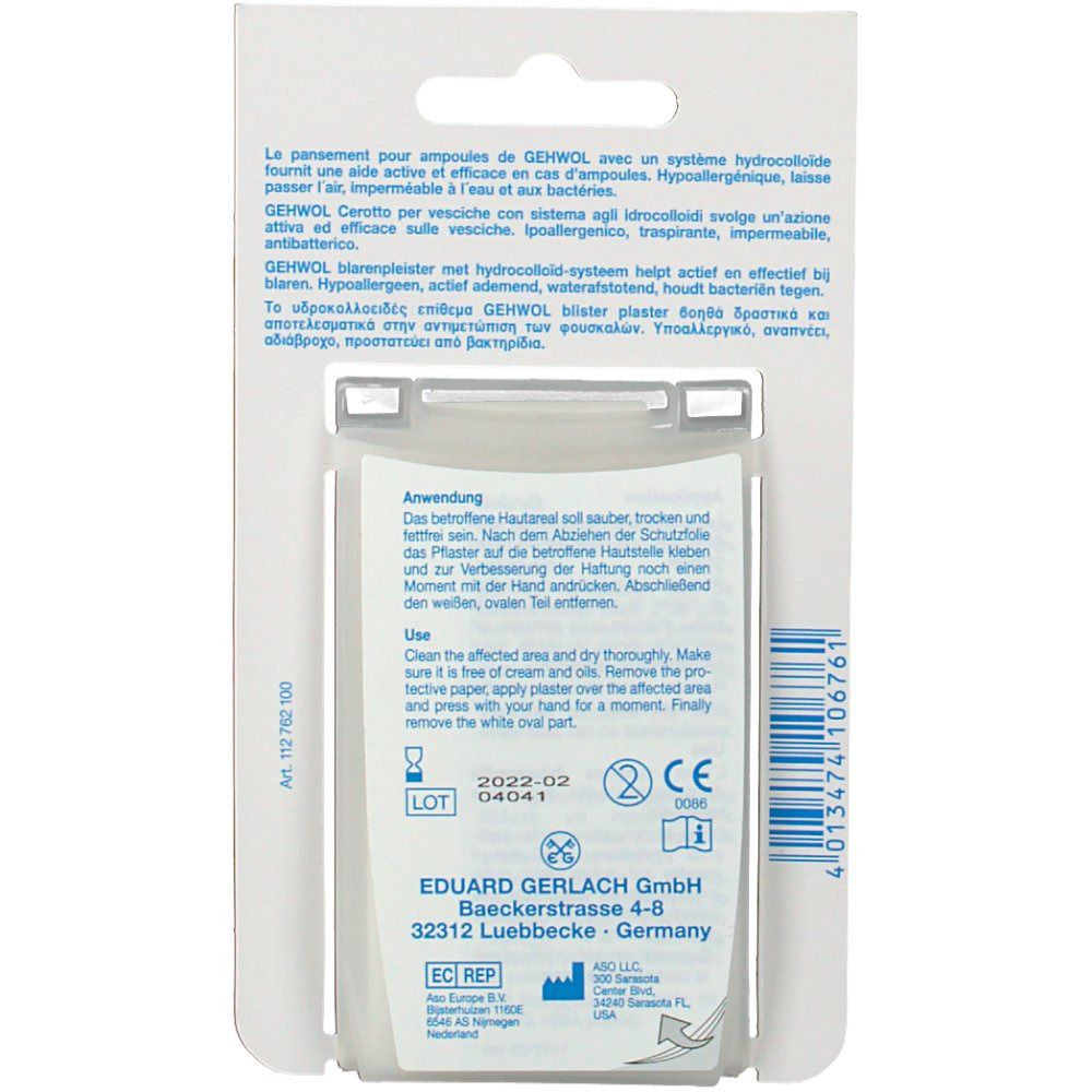 Dos de l'emballage des pansements anti-ampoules Gehwol. Texte multilingue. Mode d'emploi. Marquage CE.