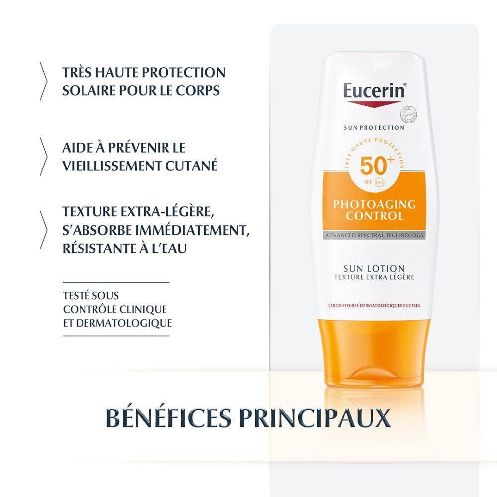 Avantages de la lotion solaire Eucerin. Texte : Très haute protection solaire, prévient le vieillissement cutané, texture extra légère, résistant à l'eau.