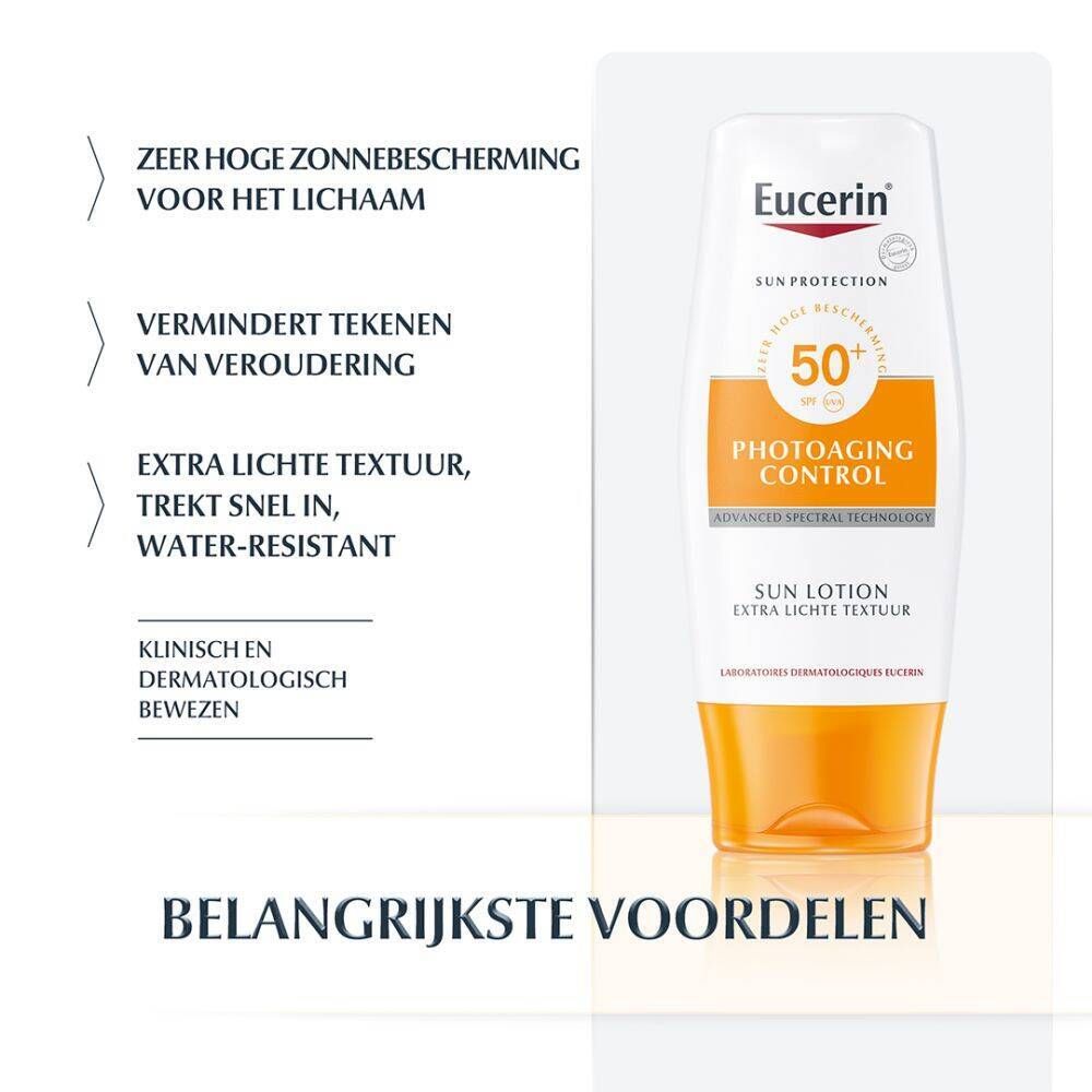Voordelen van Eucerin Sun Lotion. Tekst: Zeer hoge bescherming tegen de zon, vermindert tekenen van veroudering, extra lichte textuur, waterbestendig.