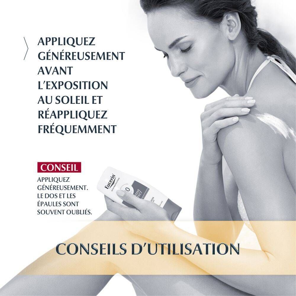 Femme appliquant de la lotion solaire. Texte : Appliquer généreusement avant l'exposition au soleil et réappliquer fréquemment. Ne pas oublier les épaules et le dos.