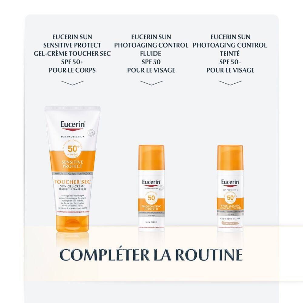 Produits Eucerin Sun : Gel-crème Sensitive Protect, Fluide Photoaging Control, Photoaging Control teinté. Texte.