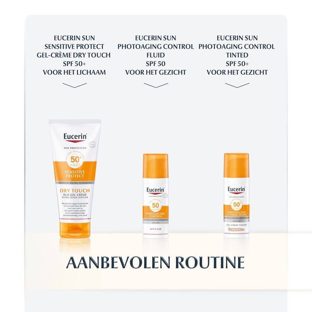 Eucerin Sun producten: Sensitive Protect Gel-Crème, Photoaging Control Fluid, Photoaging Control getint. Tekst.