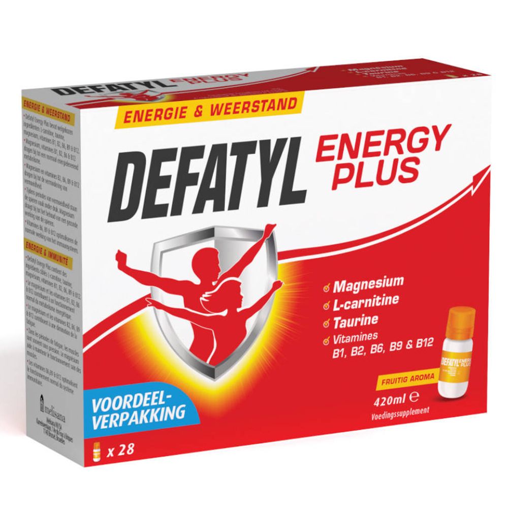 Boîte de DEFATYL Energy Plus. Contient 28 portions. Contient magnésium, L-carnitine, taurine et vitamines. Arôme fruité.