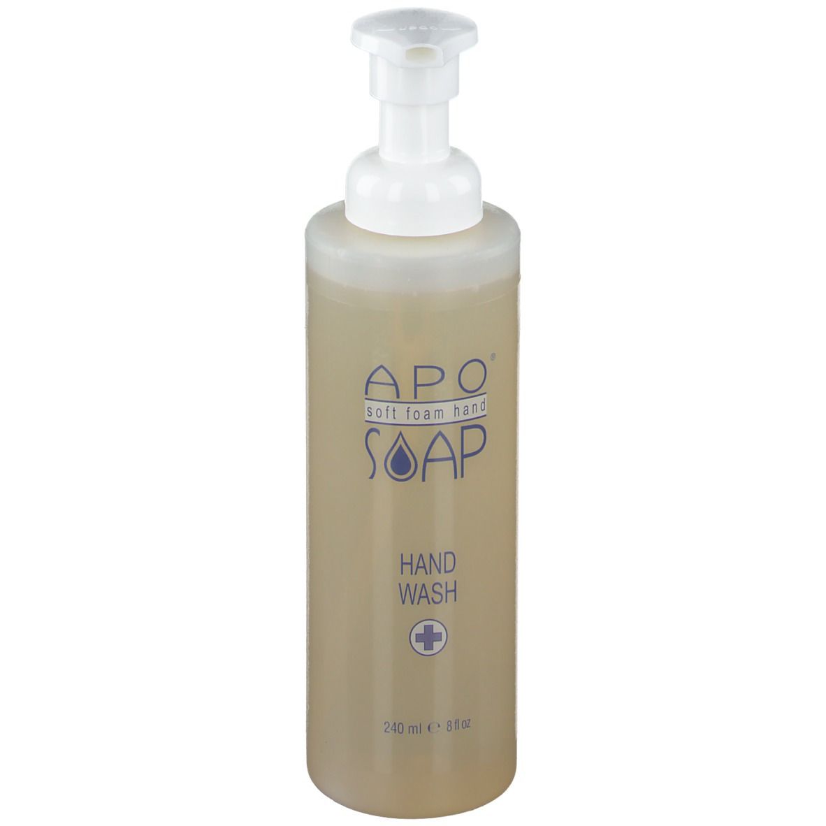 Beige zeepdispenser met witte pomp. Opschrift: APO soft foam hand SOAP, Hand Wash.