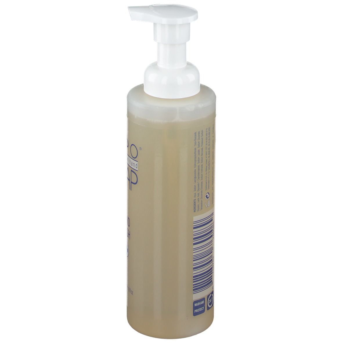 Beige zeepdispenser met witte pomp. Achterkant met barcode en tekst.