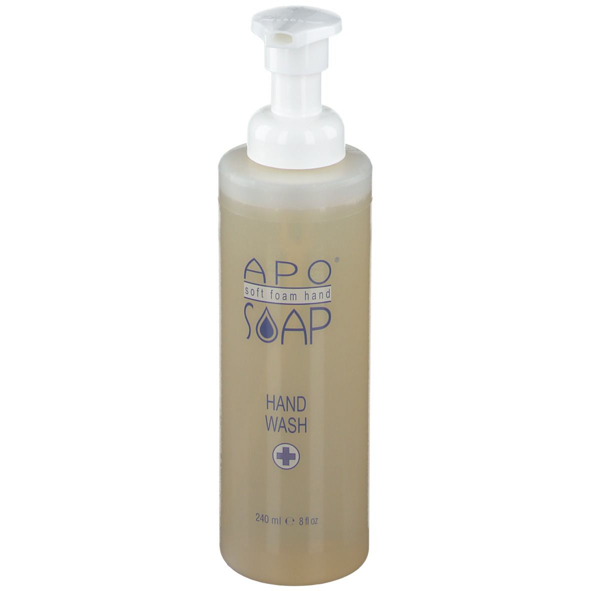 Beige zeepdispenser met witte pomp. Opschrift: APO soft foam hand SOAP, Hand Wash.
