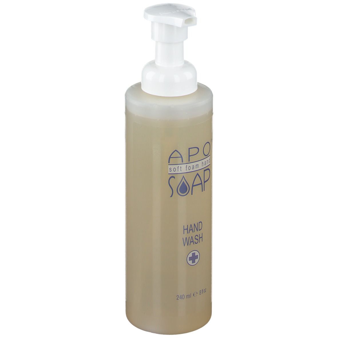 Beige zeepdispenser met witte pomp. Opschrift: APO soft foam hand SOAP, Hand Wash.