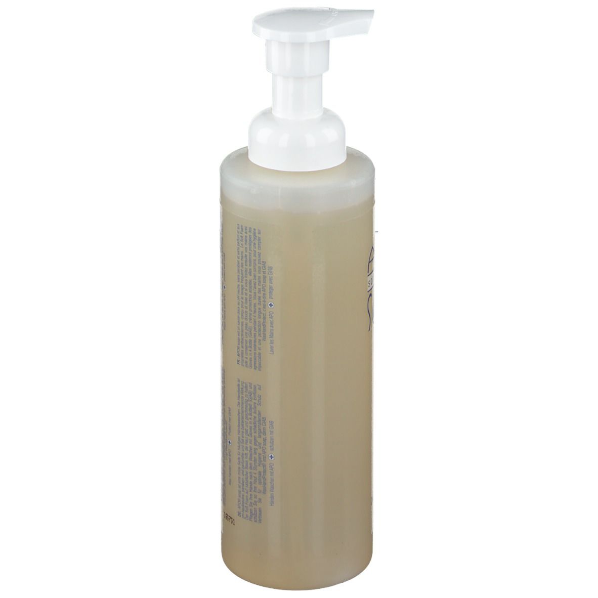 Beige zeepdispenser met witte pomp. Achterkant met tekst.