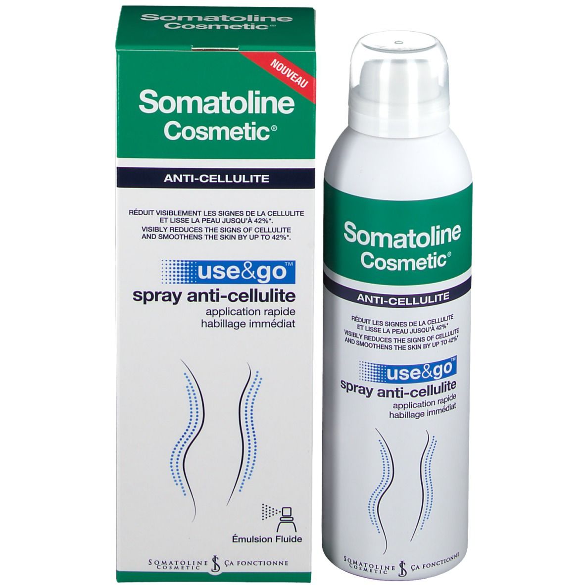 Productverpakking: spray en doos. Opschrift: Somatoline Cosmetic, Anti-Cellulite. Met sproeikop.