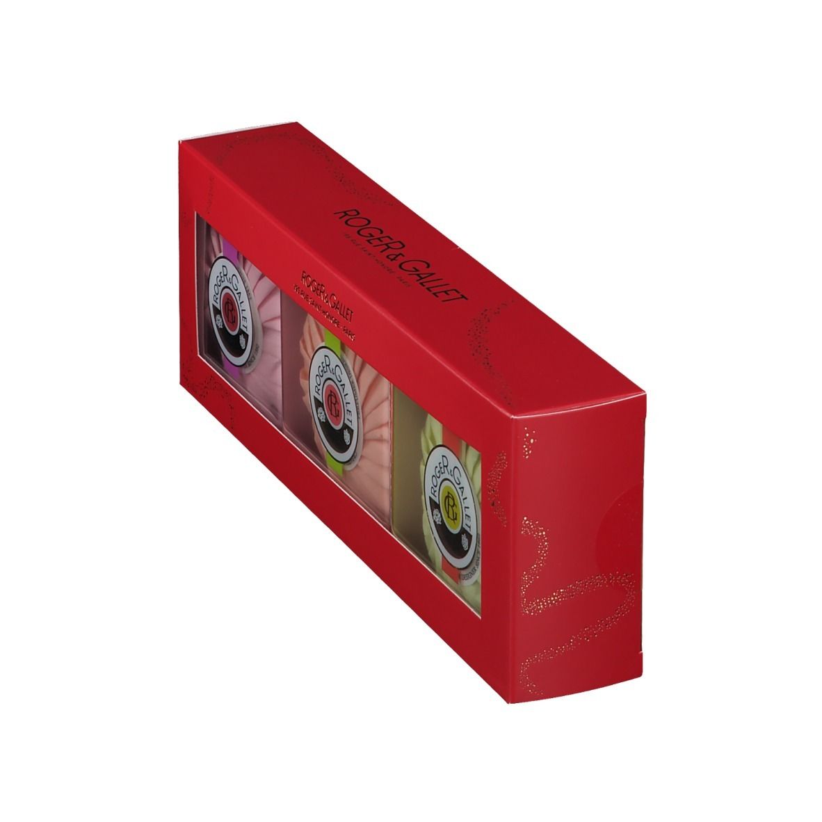 Boîte rouge avec trois savons. Marque Roger & Gallet. Boîte en biais.