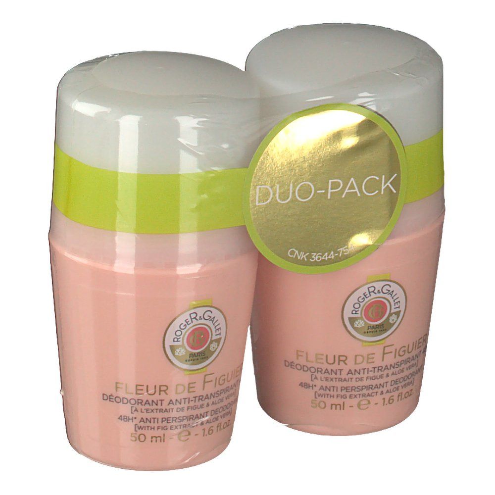 Deux déodorants roll-on roses, couvercles blancs, étiquette Duo-Pack. Texte : Fleur de Figuier, Anti-Transpirant, Roger & Gallet.