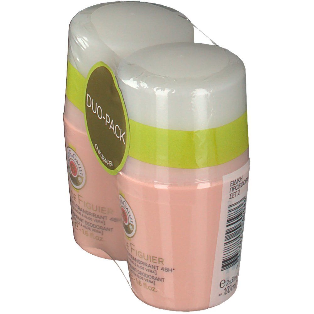 Deux déodorants roll-on roses, couvercles blancs, emballés. Étiquette Duo-Pack. Code-barres et texte au dos.