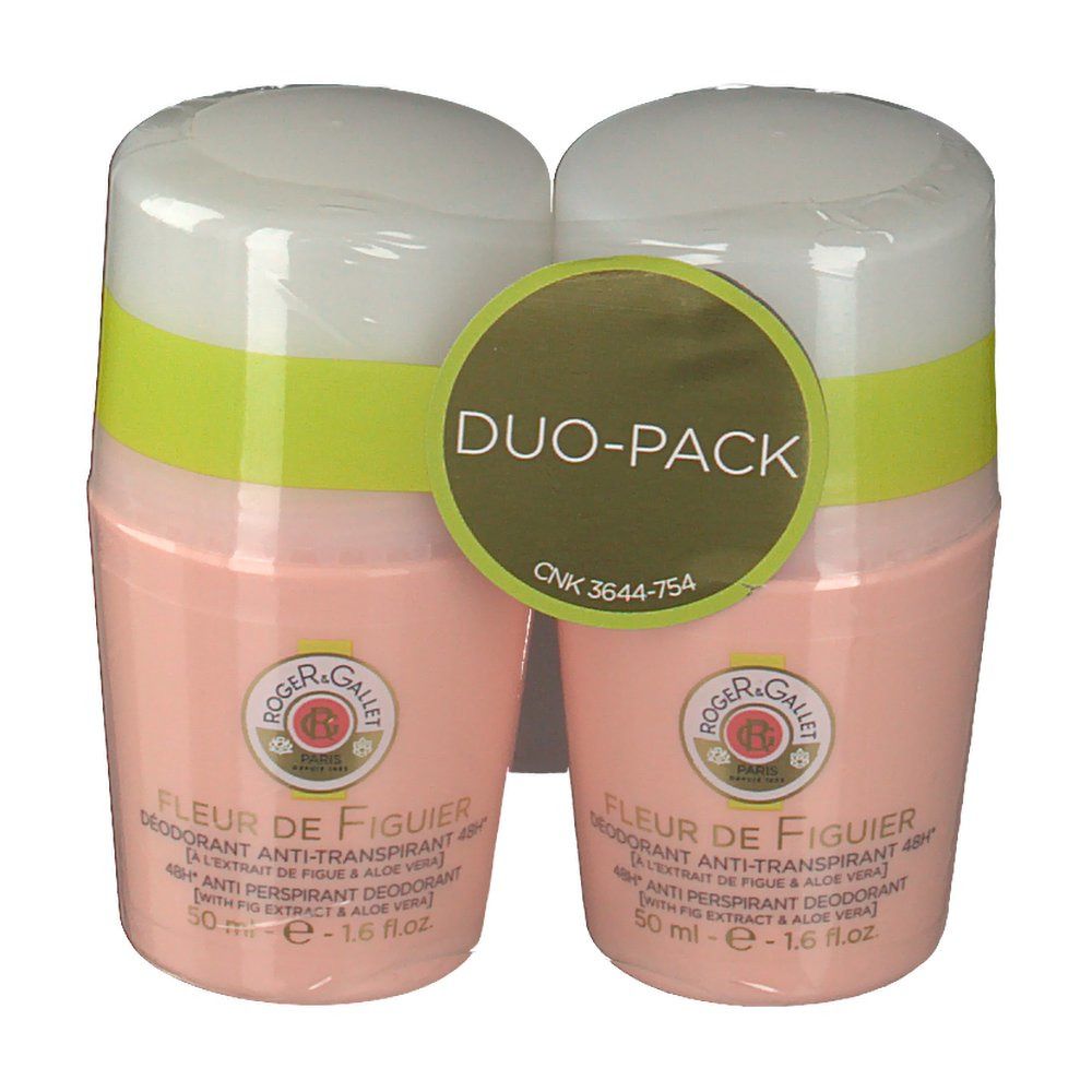 Deux déodorants roll-on roses, couvercles blancs, étiquette Duo-Pack. Texte : Fleur de Figuier, Anti-Transpirant, Roger & Gallet.