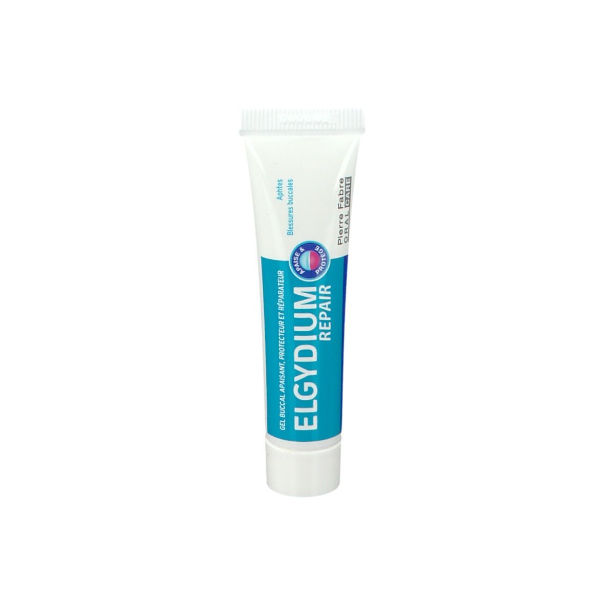 Tube blanc avec bouchon. Inscription: ELGYDIUM REPAIR, Pierre Fabre. Pour aphtes et blessures buccales.