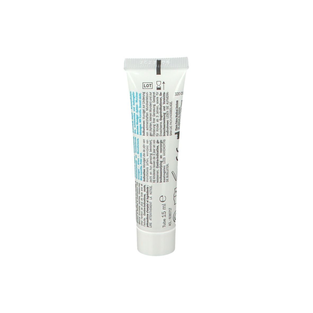 Dos du tube. Texte multilingue. Volume: 15 ml.