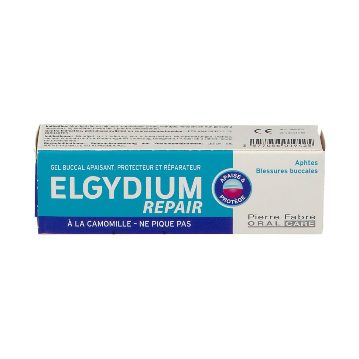 Boîte. Inscription: ELGYDIUM REPAIR. Pour aphtes et blessures buccales. Pierre Fabre ORAL CARE. Marque CE.