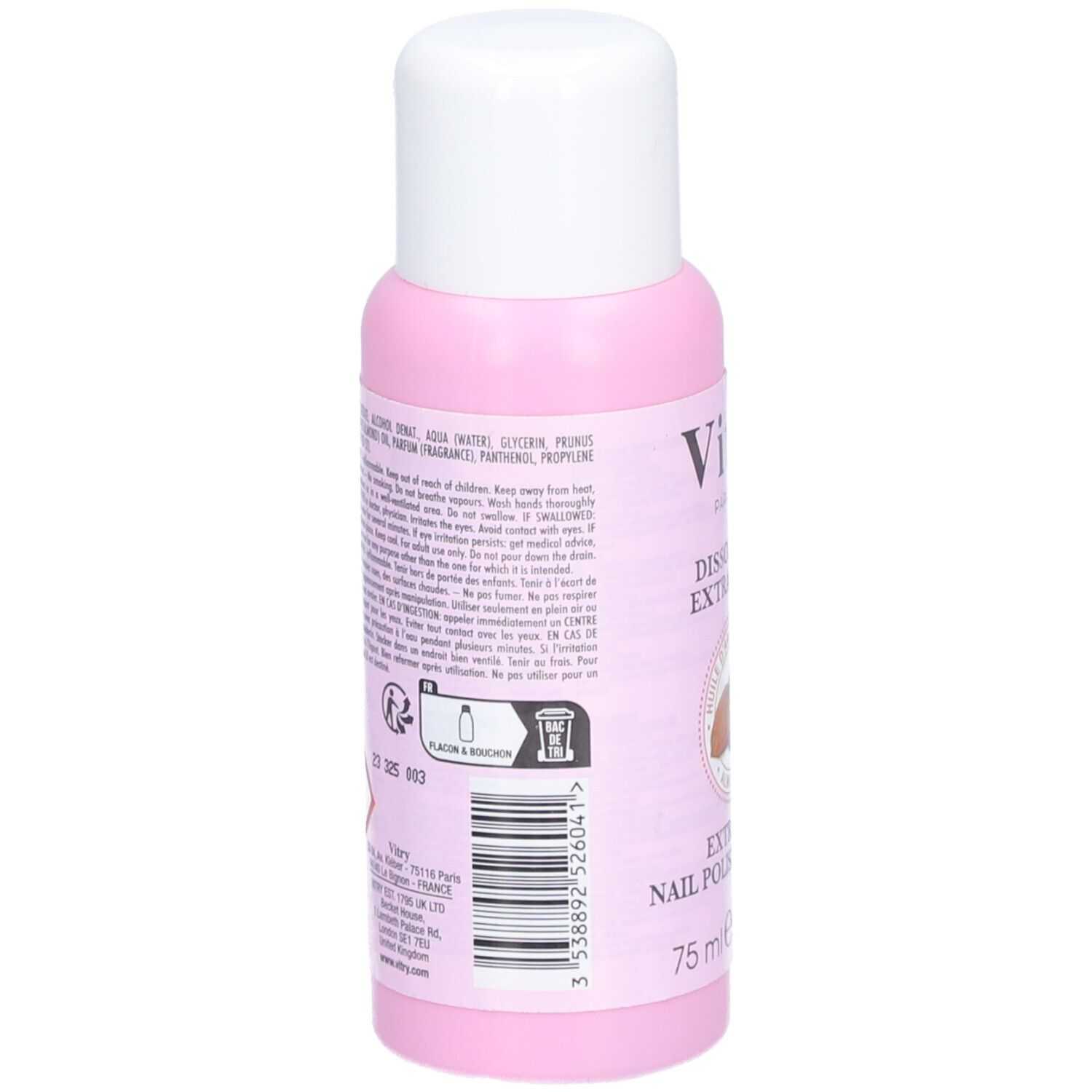 Rosa Flasche mit weißem Deckel. Rückseite mit Inhaltsstoffen, Warnhinweisen und Barcode.