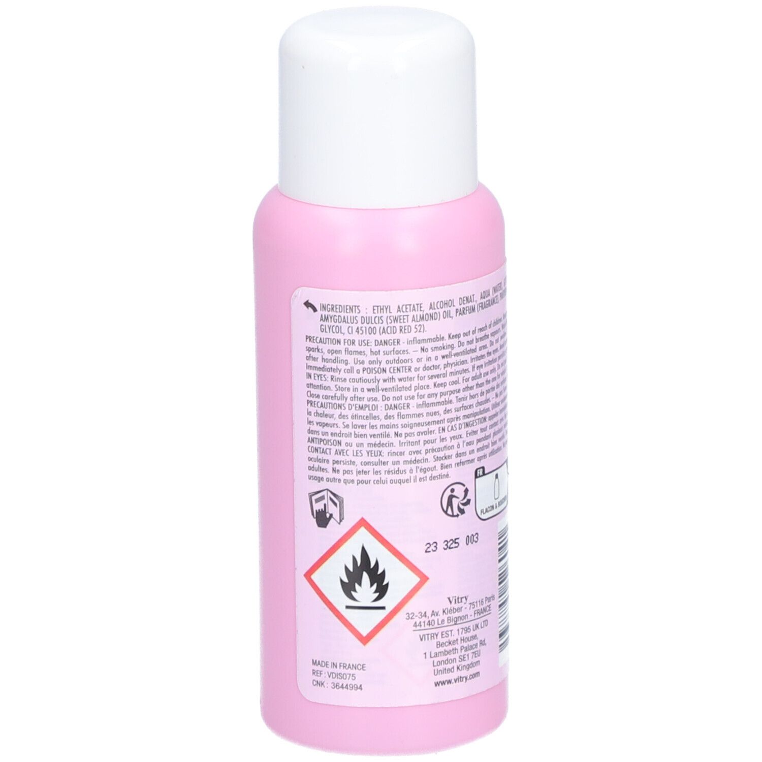 Rosa Flasche mit weißem Deckel. Seite mit Inhaltsstoffen, Warnhinweisen und Gefahrensymbol.