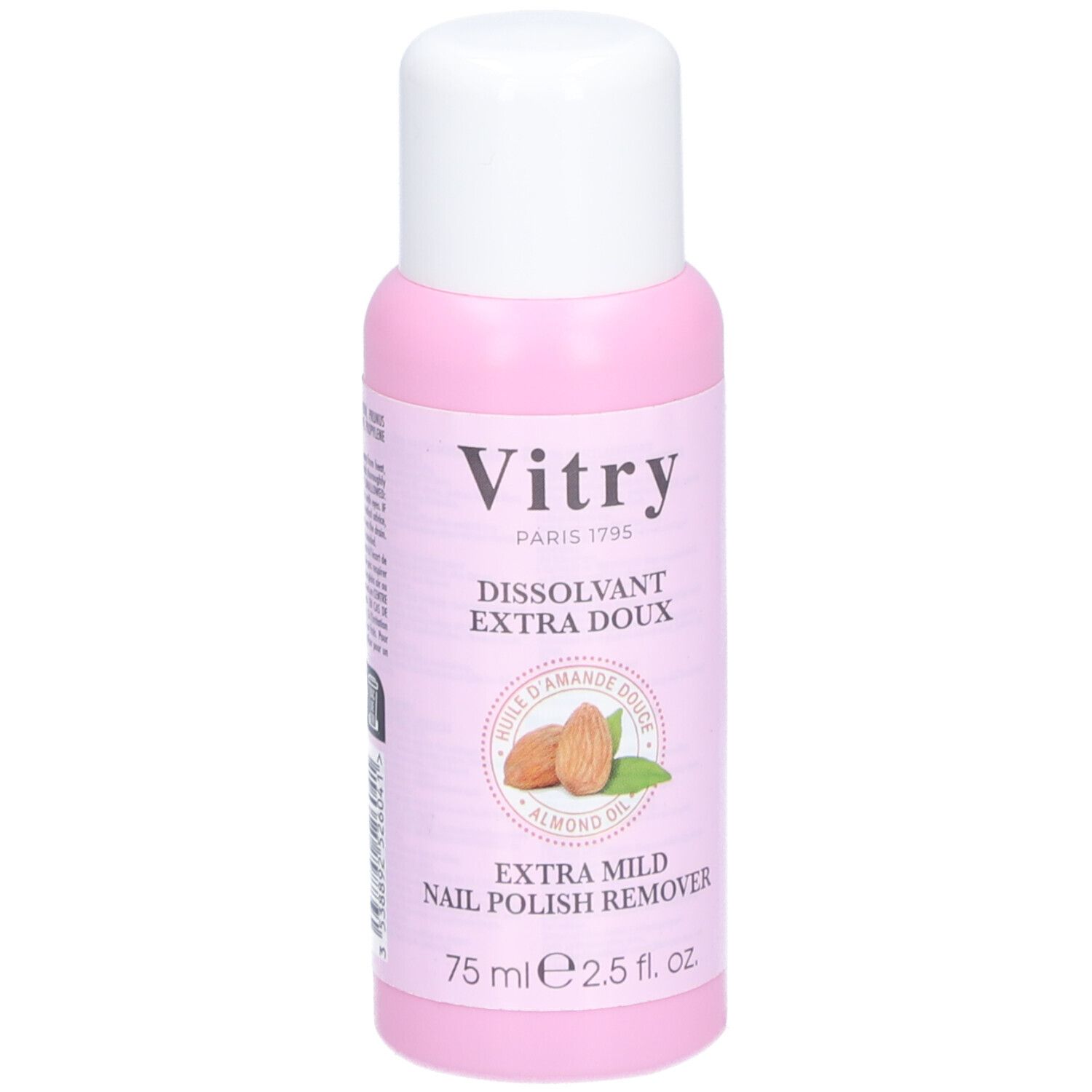 Rosa Flasche mit weißem Deckel. Aufschrift: Vitry, Dissolvant Extra Doux, Mandelöl, Extra Mild Nail Polish Remover.