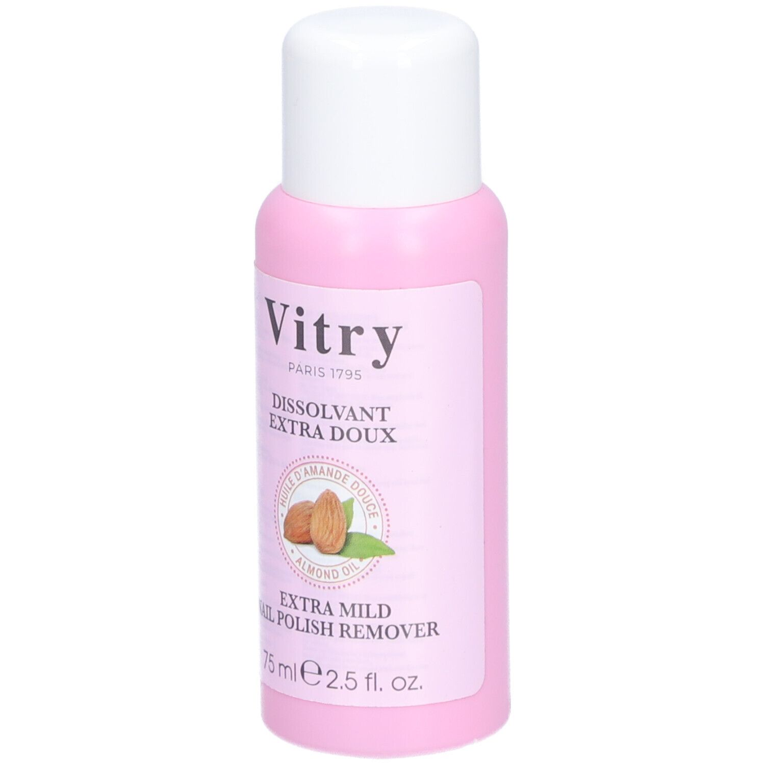 Rosa Flasche mit weißem Deckel. Aufschrift: Vitry, Dissolvant Extra Doux, Mandelöl, Extra Mild Nail Polish Remover.