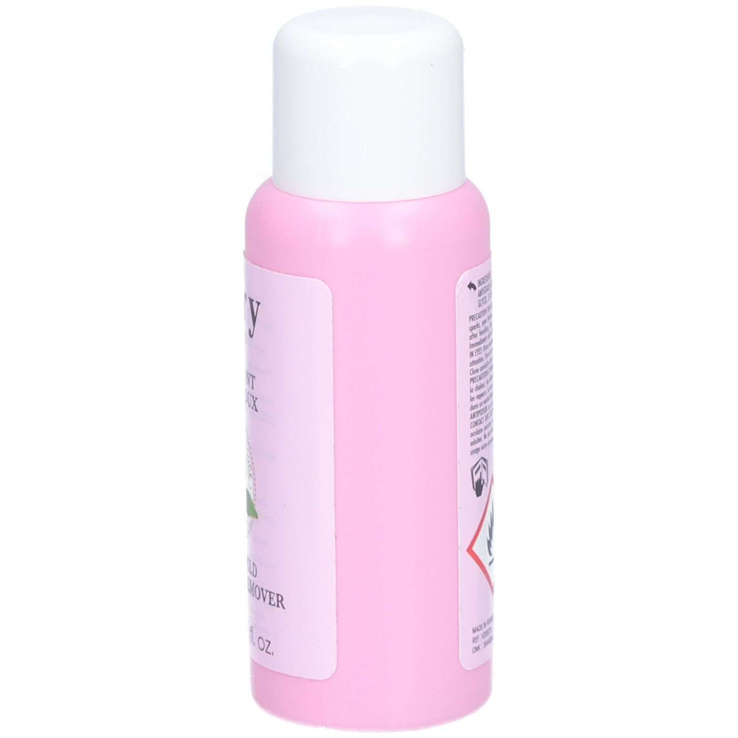 Rosa Flasche mit weißem Deckel. Seite mit Produktinformationen und Gefahrensymbol.