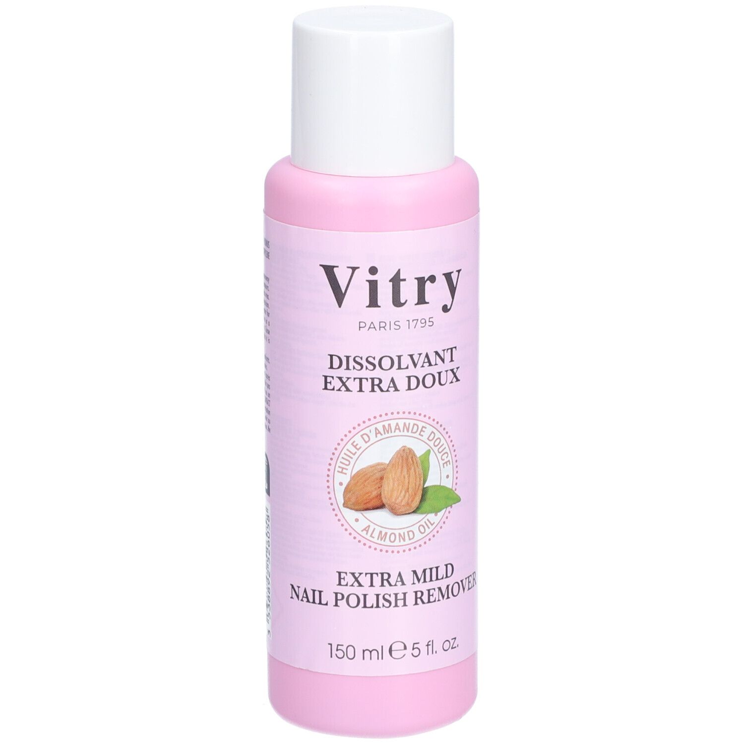 Rosa Flasche mit weißem Deckel. Aufschrift: Vitry, Dissolvant Extra Doux, Mandelöl. Extra Mild Nagellackentferner.