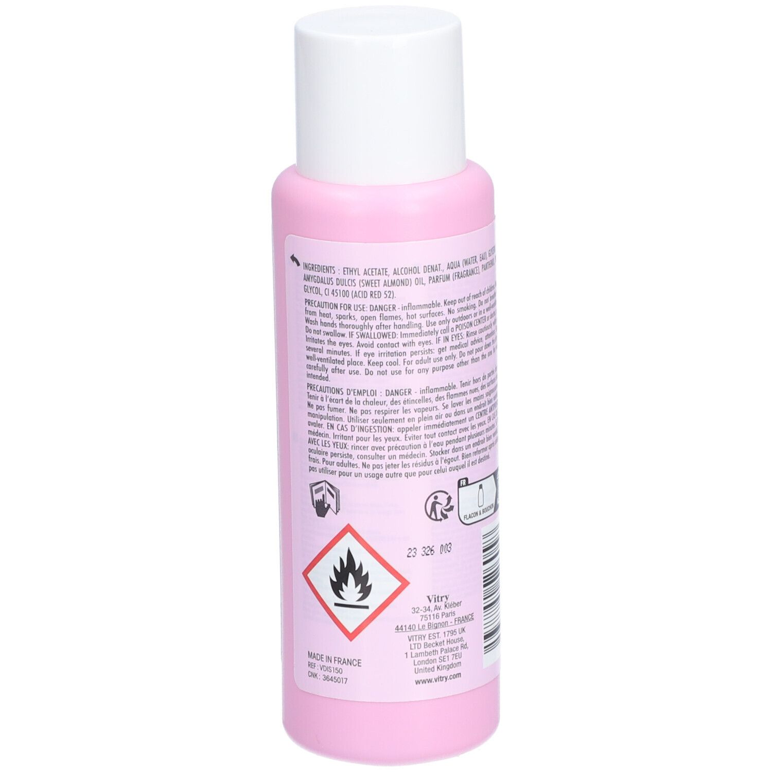 Rückseite der rosa Flasche mit weißem Deckel. Text, Symbole und Warnhinweis. Hergestellt in Frankreich.