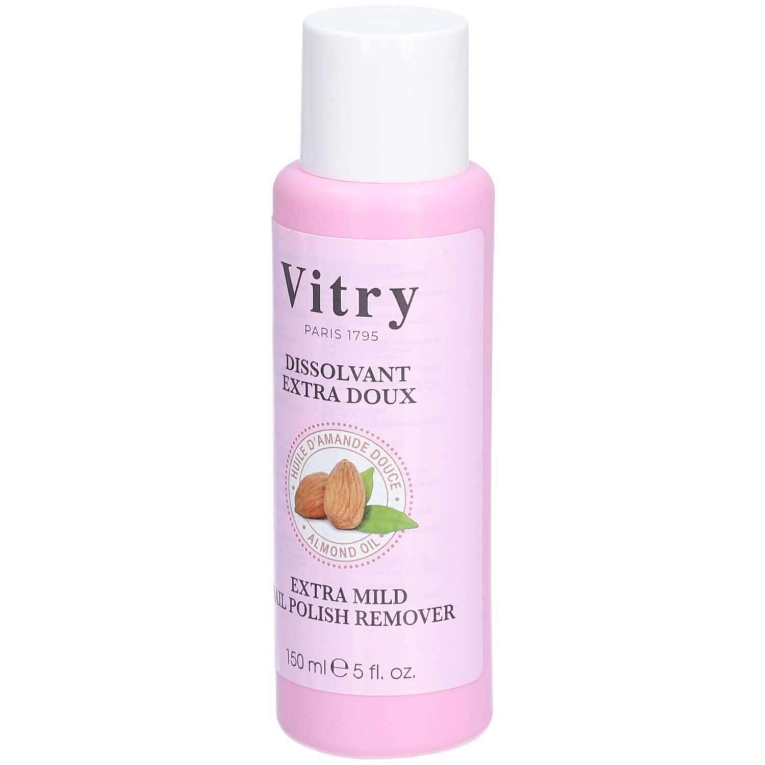 Rosa Flasche mit weißem Deckel. Aufschrift: Vitry, Dissolvant Extra Doux, Mandelöl. Extra Mild Nagellackentferner.