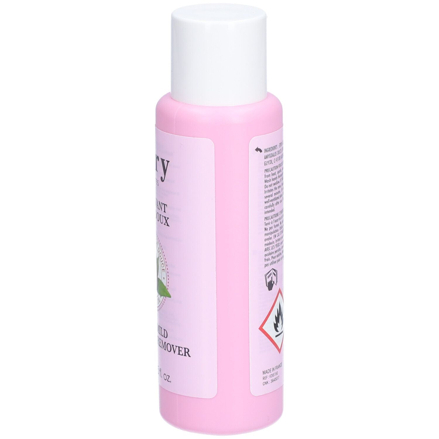Seite der rosa Flasche mit weißem Deckel. Text und Symbole. Warnhinweis.