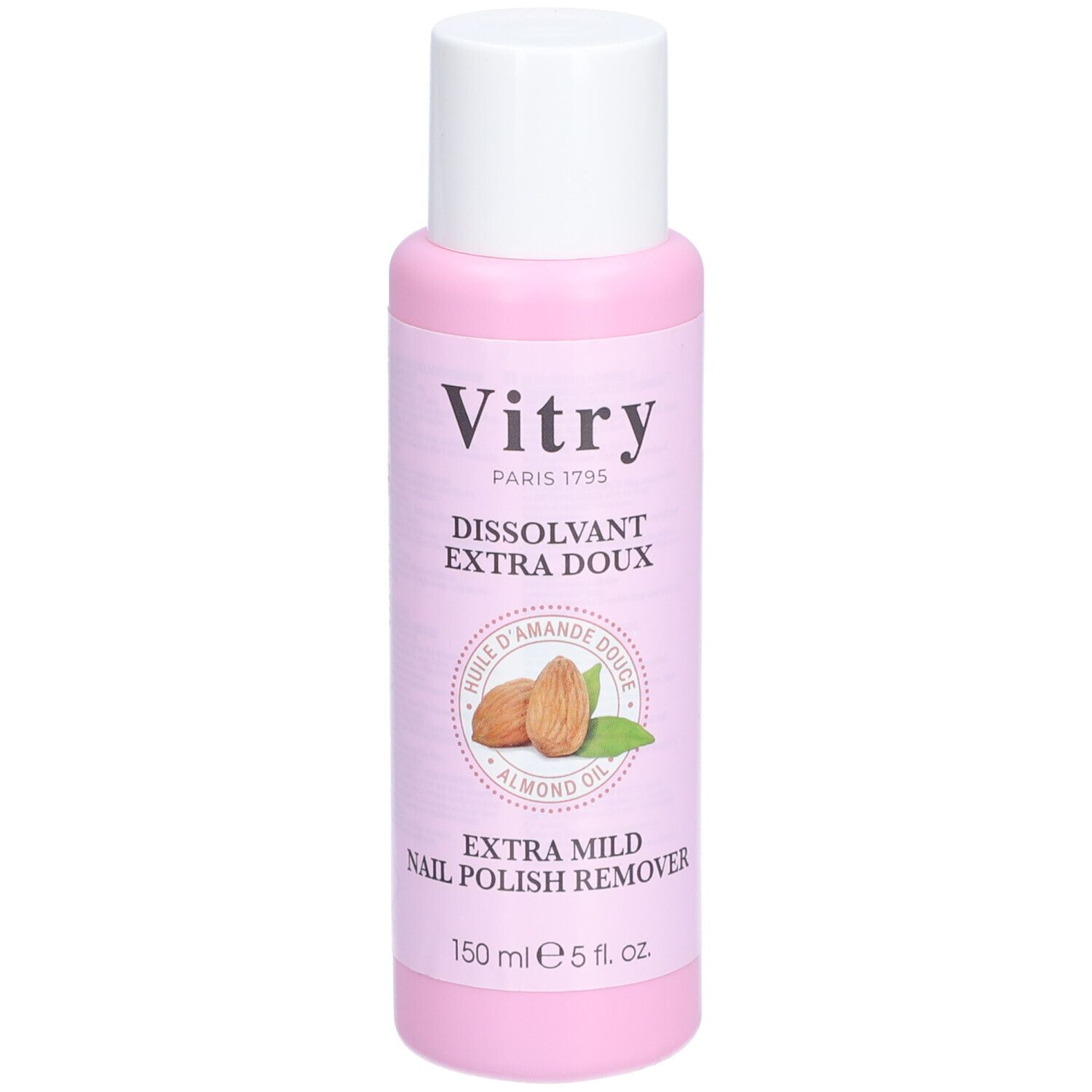 Rosa Flasche mit weißem Deckel. Aufschrift: Vitry, Dissolvant Extra Doux, Mandelöl. Extra Mild Nagellackentferner.